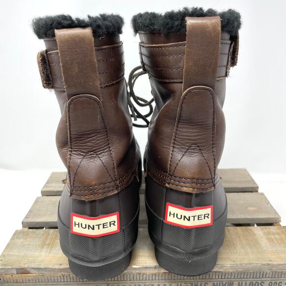 Hunter Lace Up Shearling Lined Duck Boots In Brown Size 9 - Picture 6 of 9